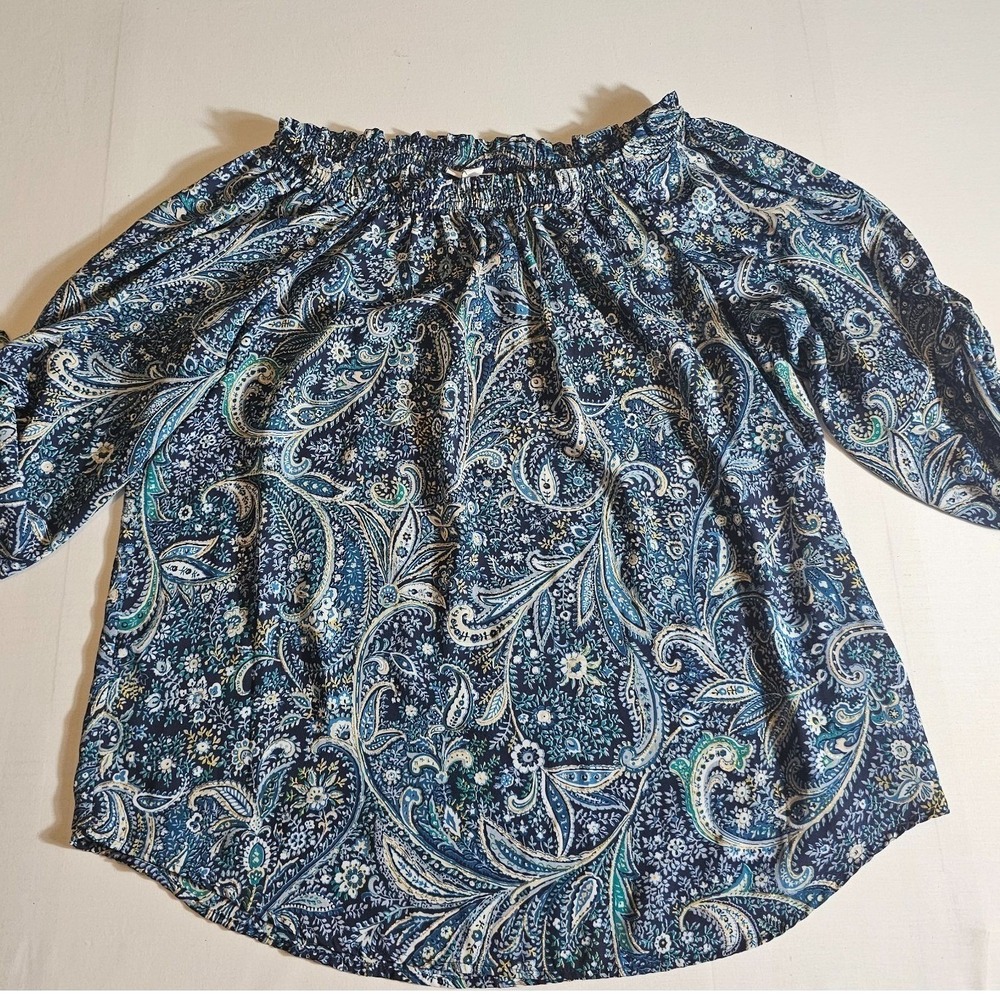 Westport Women's Off Shoulder Boho Peasant Top BLue Paisley Tie Sleeve Size L - Picture 5 of 10